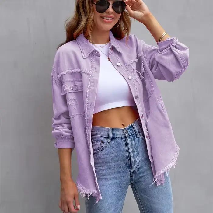 Veste en jean monochrome pour femme avec trous cassés, cardigan boutonné, manteau confortable, streetwear décontracté, mode pour femme