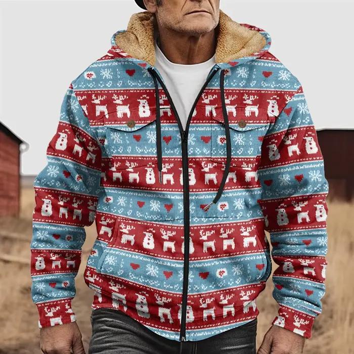 Chaud hommes vestes d'hiver manteaux rouge bleu noël renne bonhomme de neige imprimé peluche épais chasse fermier Streetwear unisexe vêtements d'extérieur