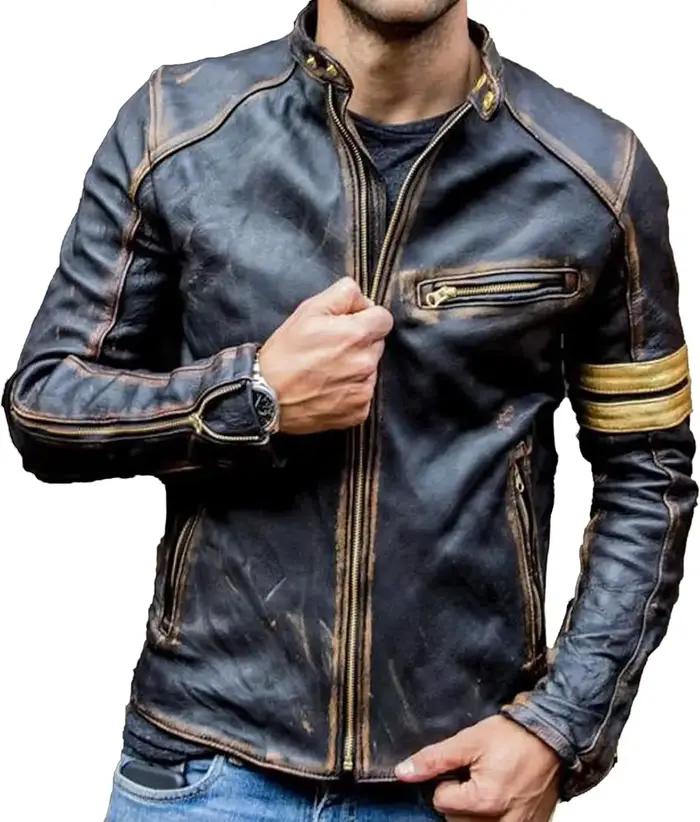 Veste de motard en cuir noir pour hommes
