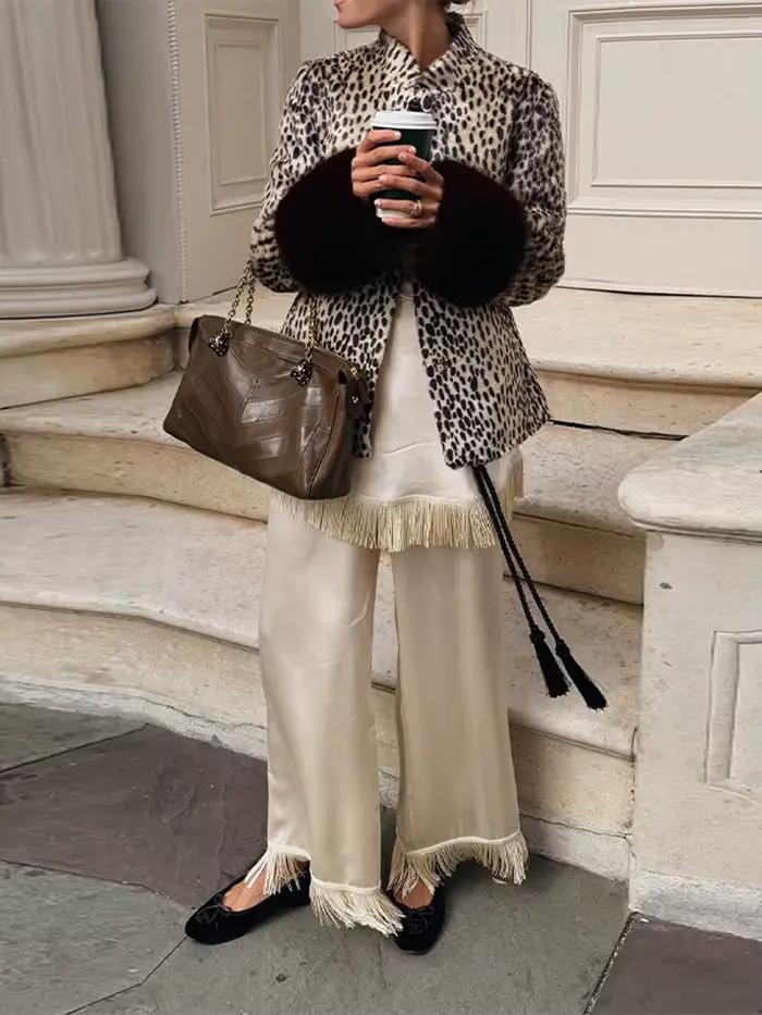 Veste en fourrure patchwork imprimé léopard pour femme, col montant, cintrée à la taille, simple boutonnage, manches longues, manteau décontracté, nouvelles vestes pour femmes