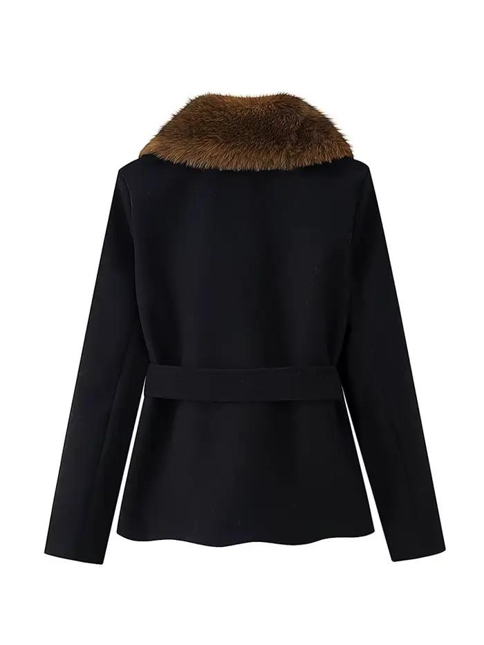 HH femmes hiver mode manteaux noir col rabattu manches longues poches ceinture décoration femme élégant mince