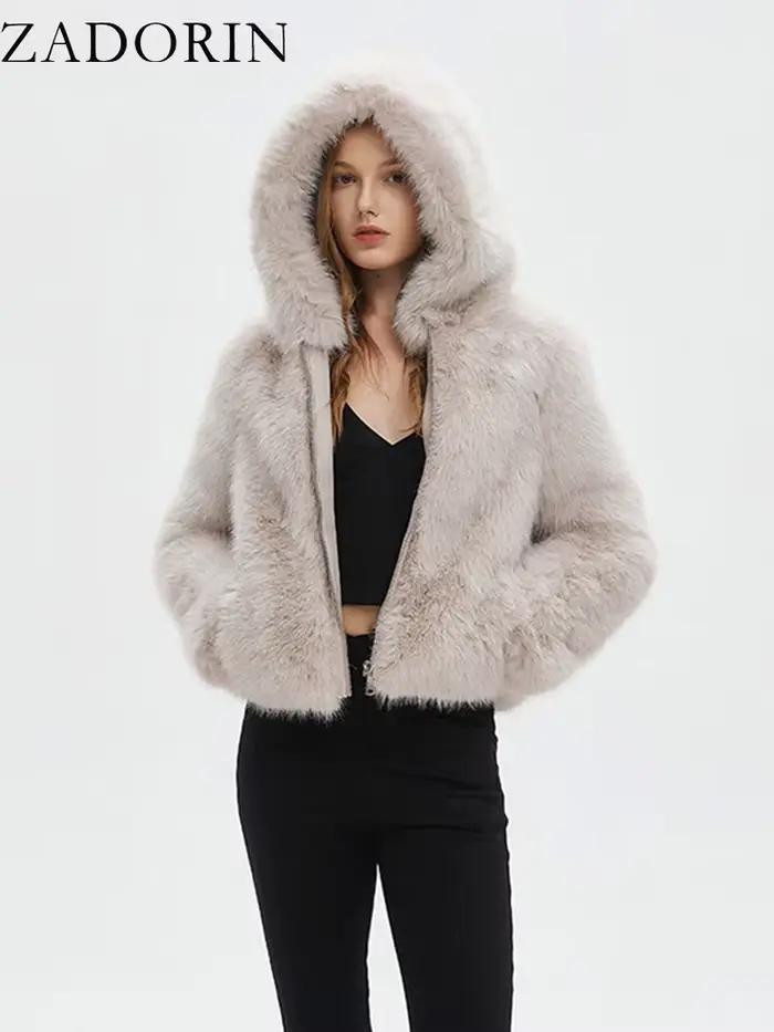 ZADORIN femmes veste d'hiver moelleux chaud à capuche fausse fourrure manteau femmes vêtements blanc fausse fourrure veste femmes vestes hiver 2025