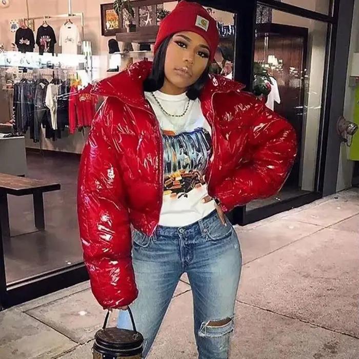Veste matelassurera à bulles en faux cuir verni pour femme, manches longues, parkas décontractées à fermeture éclair, monochromatique, chaud, nouveau, court, hiver