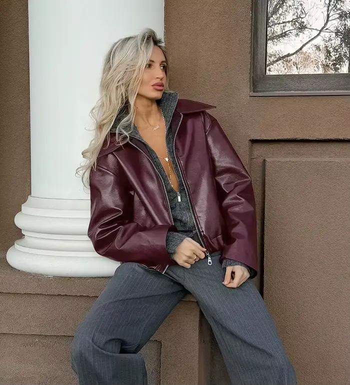 Veste d'extérieur courte en Faux cuir pour femme