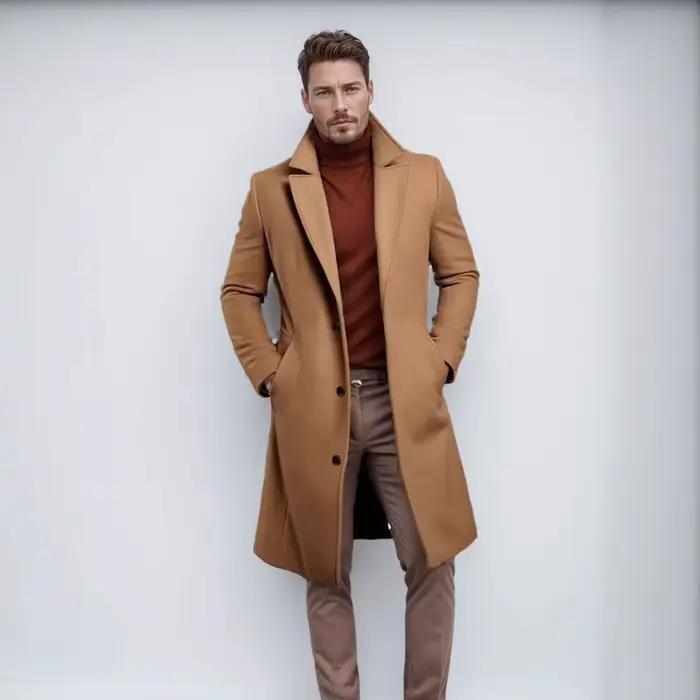 Manteau en laine mi-long style anglais élégant pour hommes automne hiver avec boutonnage simple et poches pratiques pour toutes occasions