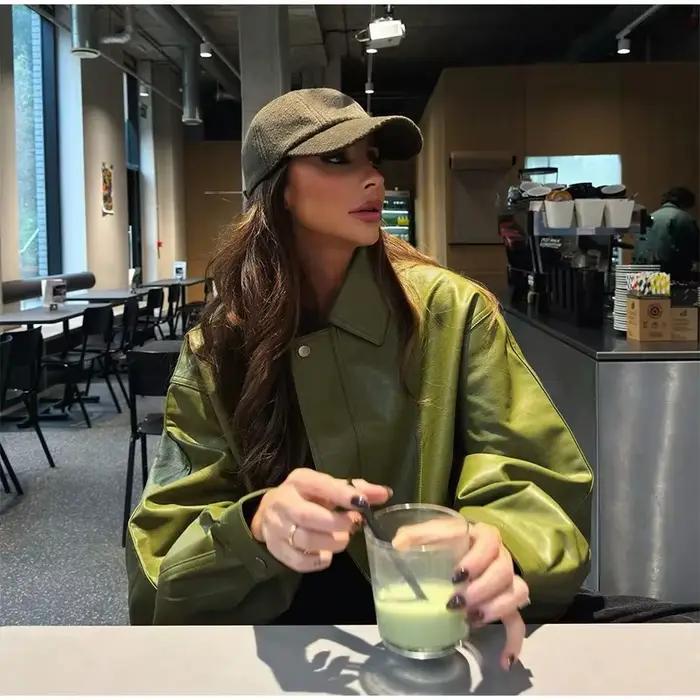Veste en simili cuir pour femme, manteau à revers cranté, Style de rue, Vintage, vert Olive, rétro, urbain, automne-hiver 2025