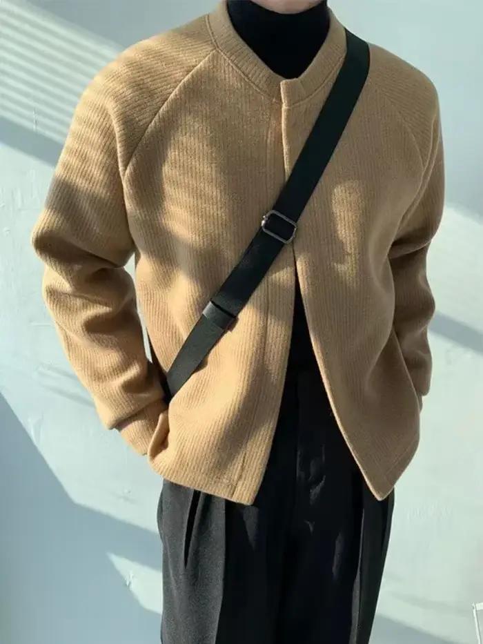 Pullover-Cardigan Court à Col Rond pour Homme, Vêtement Ras du Cou, Couleur Unie, Couleur Unie