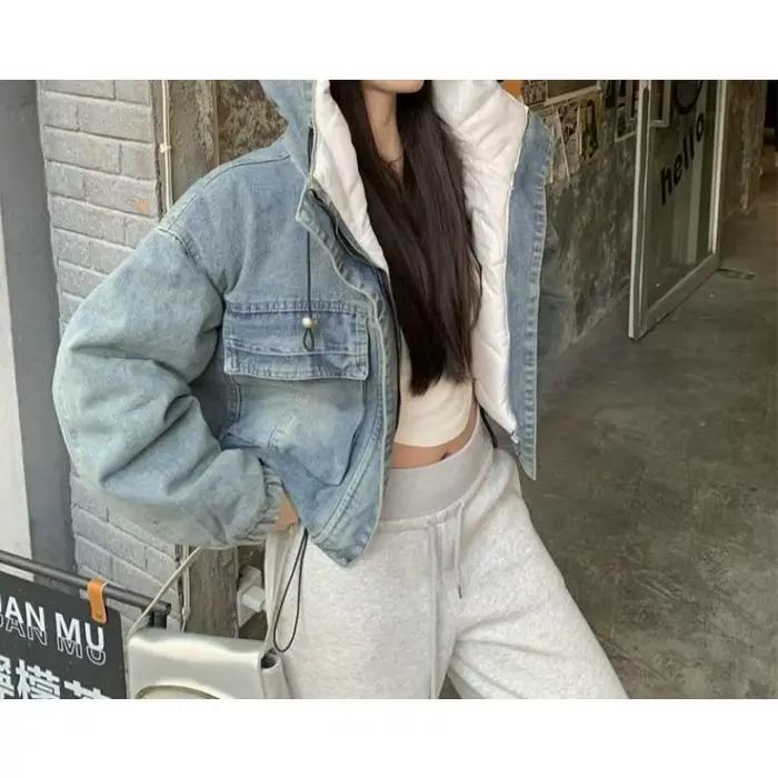 Manteau en denim rétro bywindto avec col rayé pour femmes, veste d'extérieur polyester, style coréen, printemps et automne