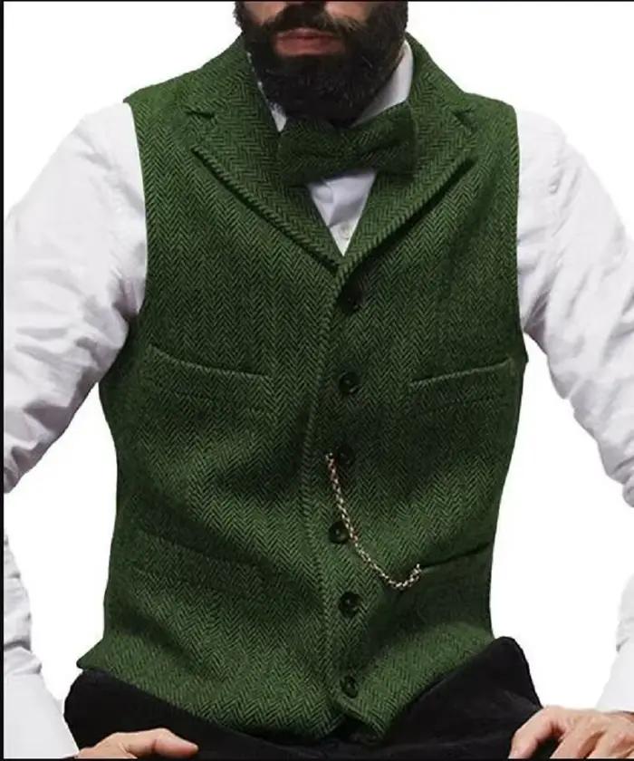Manteau à chevrons en laine à col en V à revers pour hommes