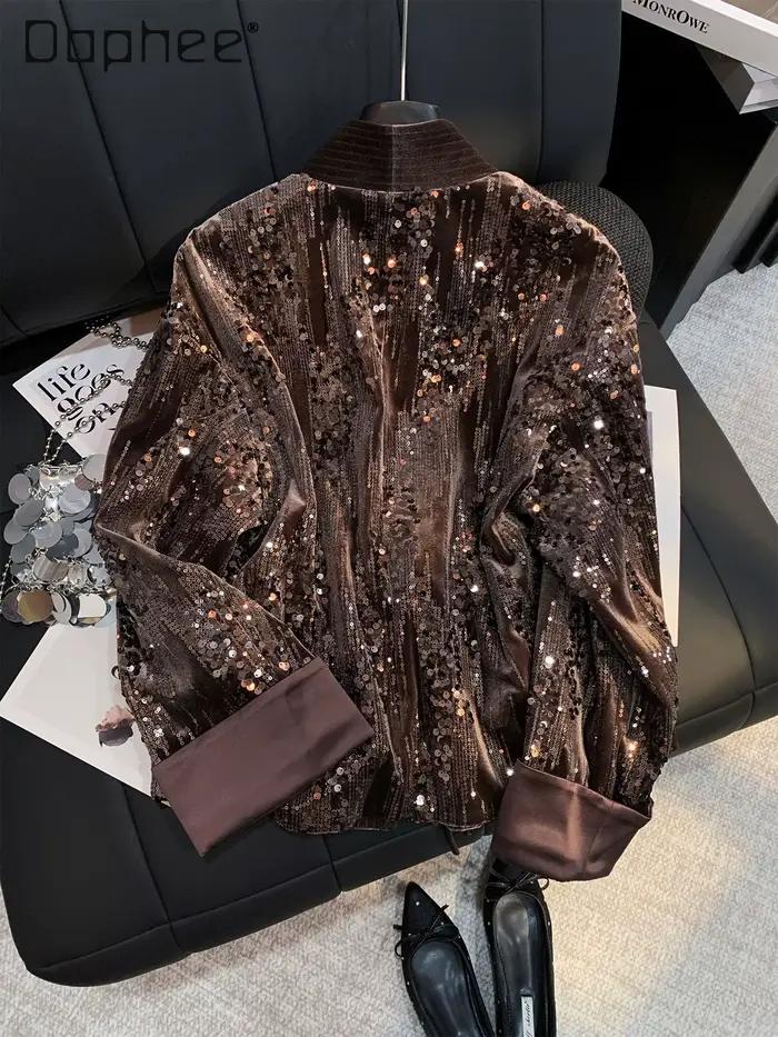 Nouveau manteau en velours à sequins lourds de style chinois pour femmes, élégant, col en V, coupe ajustée et ample, tendance, haut de gamme
