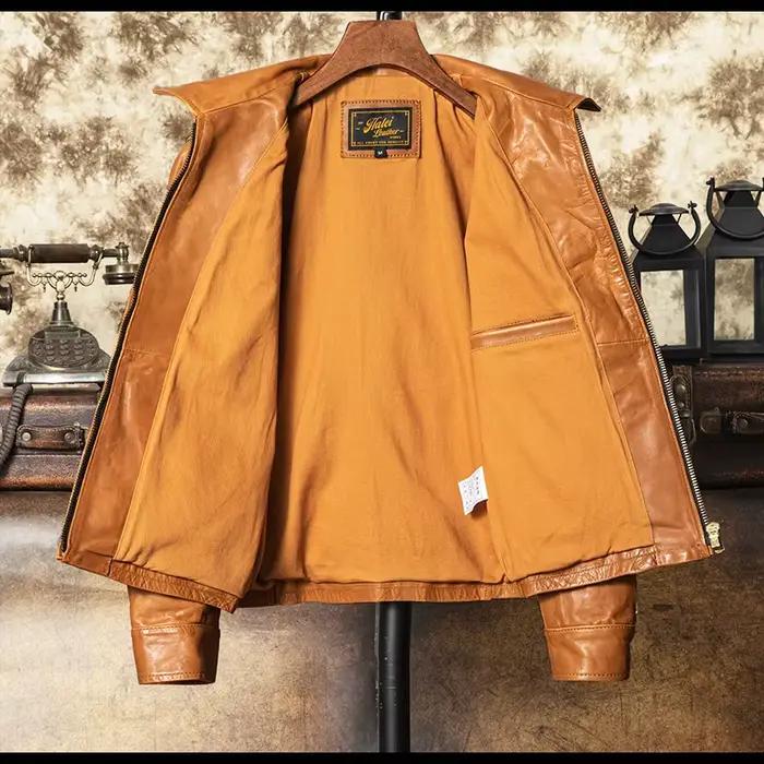 Veste d'automne en cuir Orange pour hommes, Style rétro, grande taille 4XL, véritable cuir de vache naturel, col rabattu, manteau en cuir