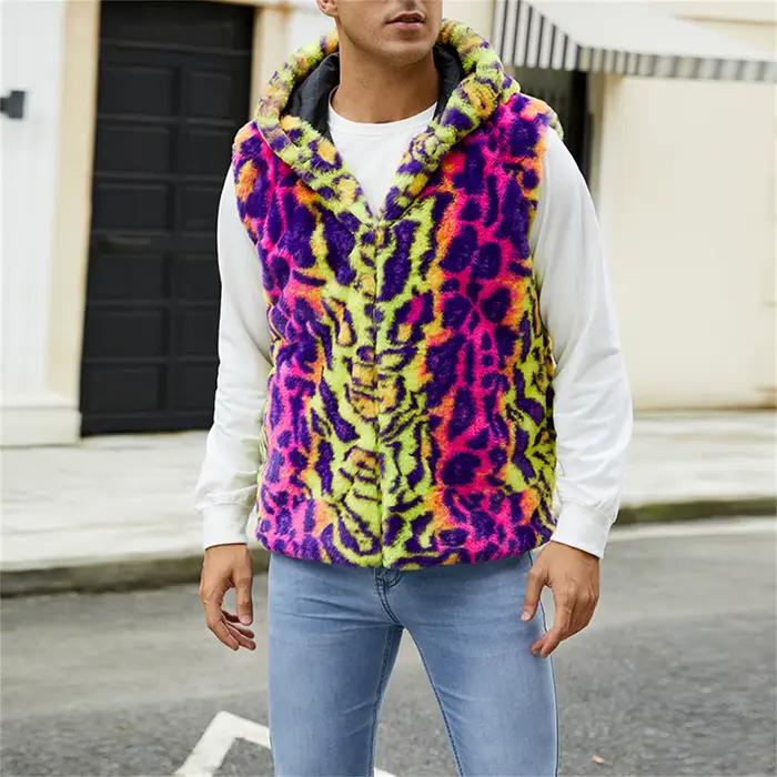Hommes gilet veste décontracté printemps imprimé léopard fausse fourrure à capuche Cardigan pour automne vêtements d'extérieur Streetwear