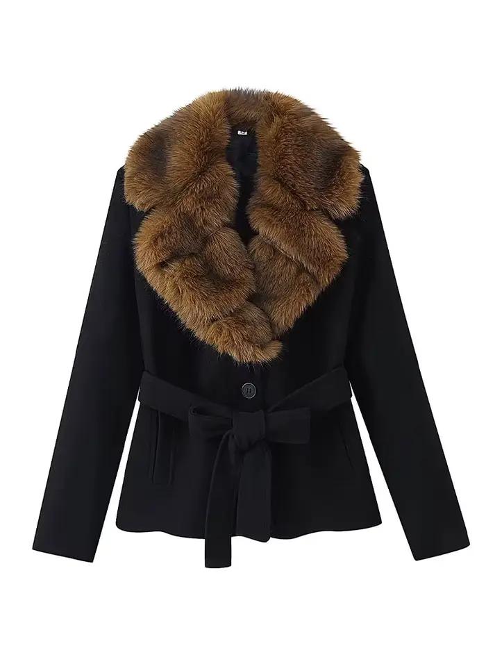 HH femmes hiver mode manteaux noir col rabattu manches longues poches ceinture décoration femme élégant mince