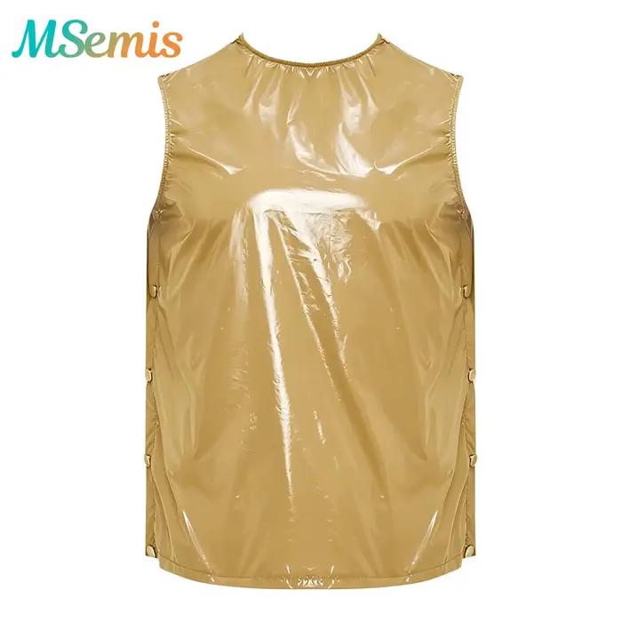 Gilet brillant imperméable sans manches pour homme, haut décontracté streetwear, gilet en vinyle réutilisable avec boutons latéraux, look mouillé, tenue de club pour soirée festive