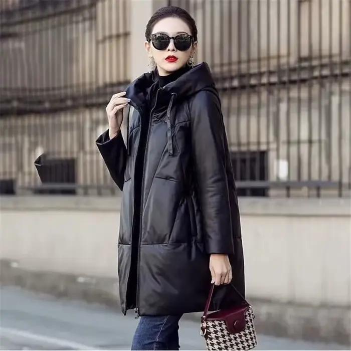 Épaissir neige Parkas hiver femmes chaud à capuche veste en cuir PU noir ample Long manteau coupe-vent femme coton cuir pardessus