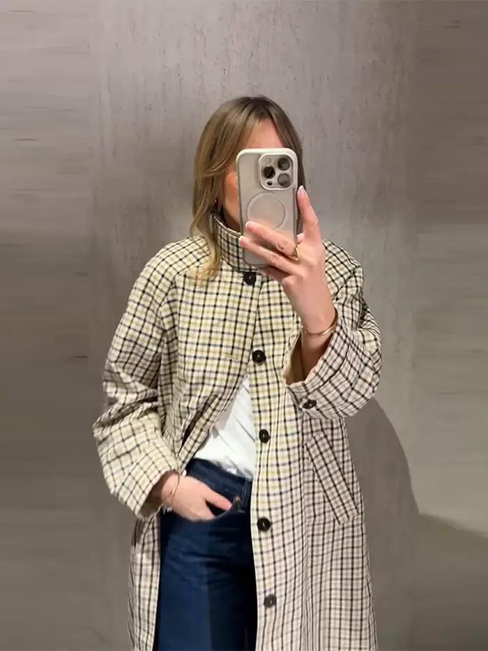 Veste mi-longue réversible à carreaux pour femme