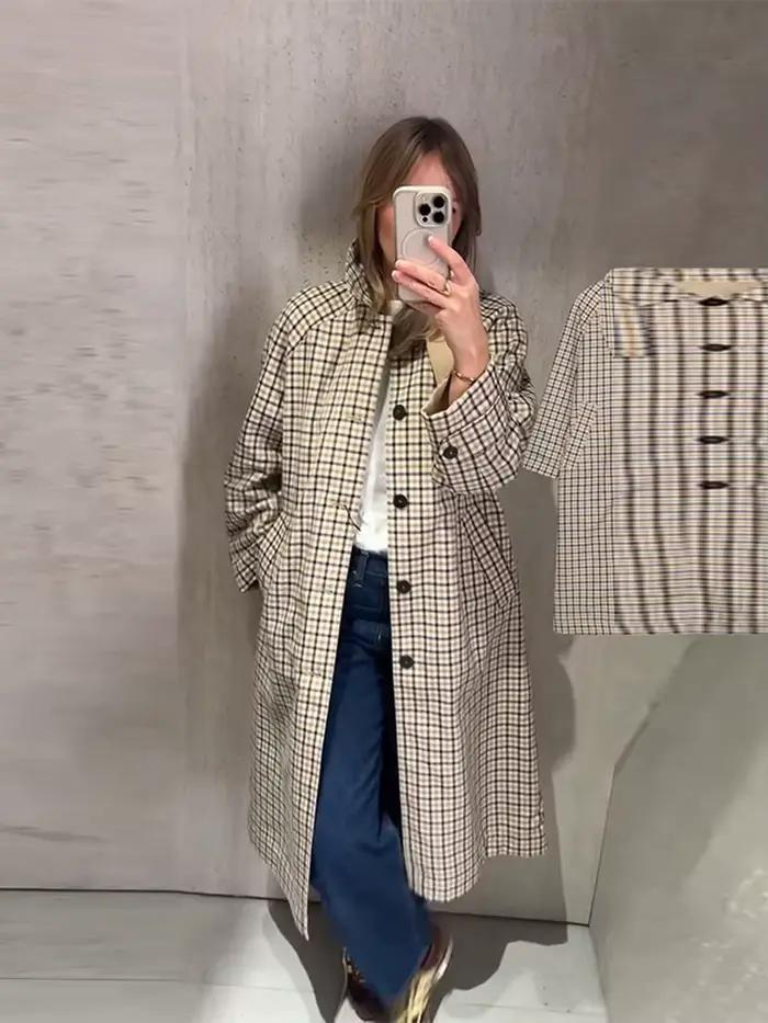 Veste mi-longue réversible à carreaux pour femme
