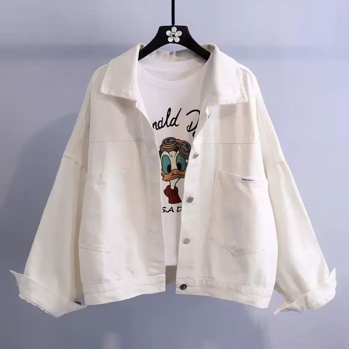 Veste en jean blanche pour femme, style décontracté, coupe ample, manches longues, col polo, confortable, polyvalente pour toutes les saisons et occasions
