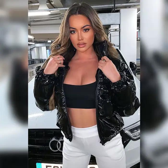 Veste matelassurera à bulles en faux cuir verni pour femme, manches longues, parkas décontractées à fermeture éclair, monochromatique, chaud, nouveau, court, hiver