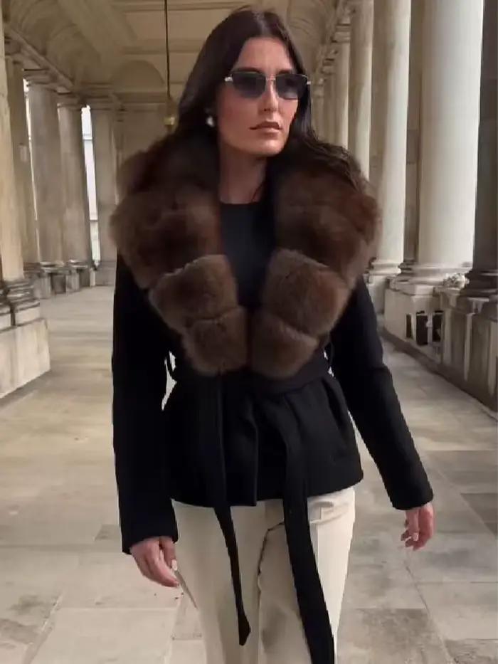 HH femmes hiver mode manteaux noir col rabattu manches longues poches ceinture décoration femme élégant mince