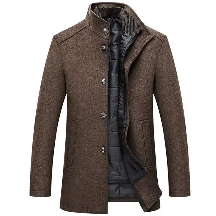 Coupe-vent long en laine optique pour hommes, vestes en laine, col montant, simple boutonnage, manteau d'hiver