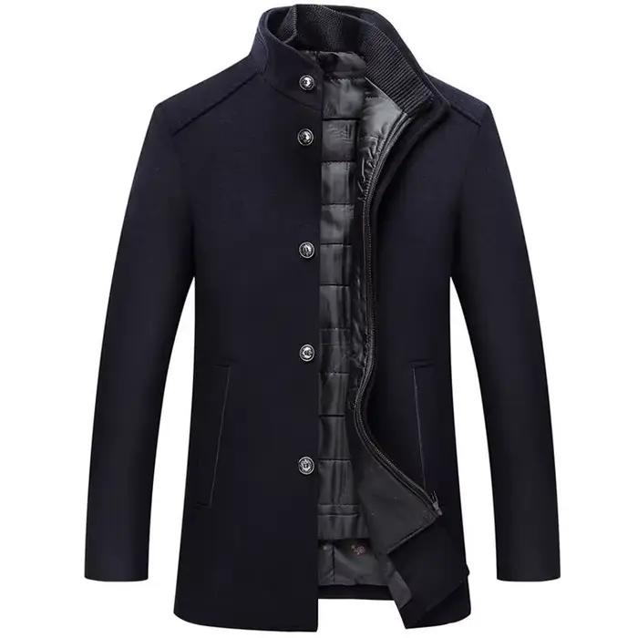 Coupe-vent long en laine optique pour hommes, vestes en laine, col montant, simple boutonnage, manteau d'hiver
