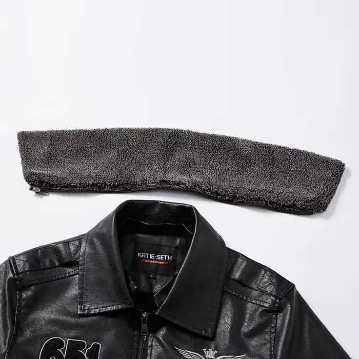 Veste en cuir brodé pour homme, style moto et aviateur, doublure en laine, col rabattu, fermeture éclair, polyvalente pour automne et hiver
