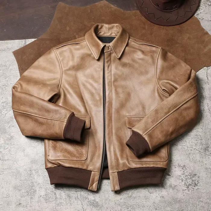 Veste d'hiver en cuir kaki pour hommes