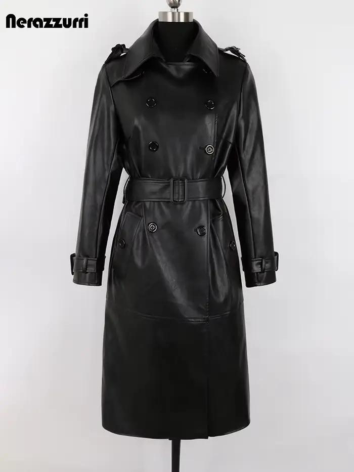 Nerazzurri-Manteau Long en Faux Cuir Doux pour Femme