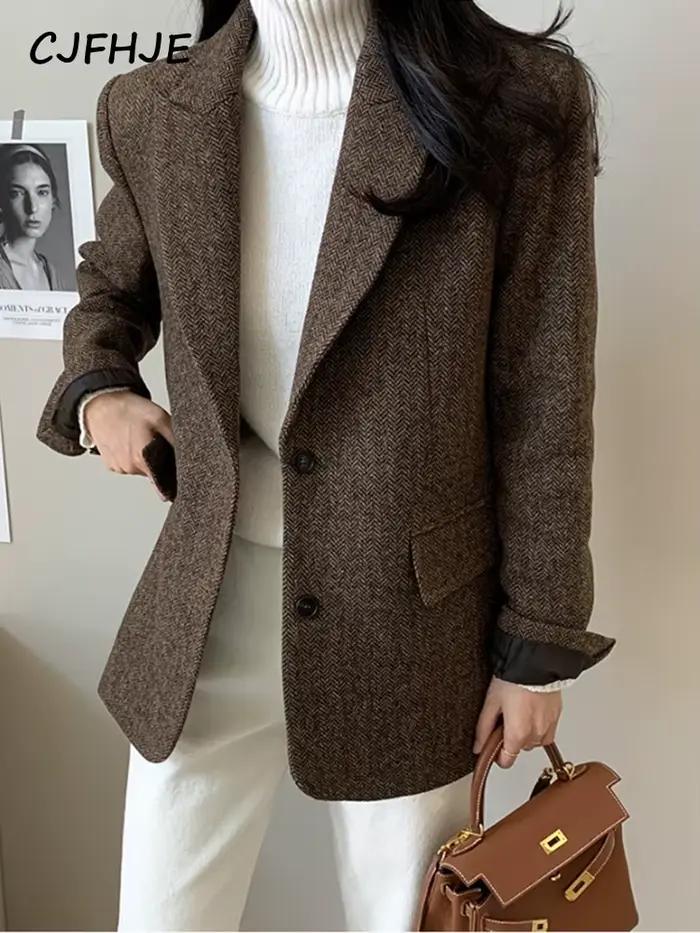 CJFHJE-Blazer en Laine Grise pour Femme, Veste Élégante à Simple Boutonnage, Poches, Tenue de Bureau, Col Cranté, Optique, Automne Hiver