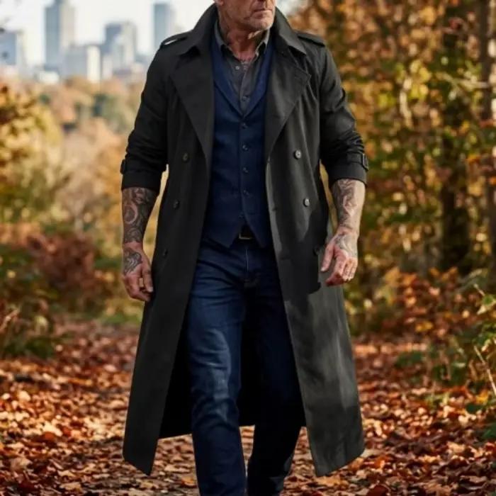 Nouveau Trench-coat pour homme, printemps automne, randonnée en plein air, coupe-vent à double boutonnage ; Veste coupe-vent décontractée extra-longue pour homme