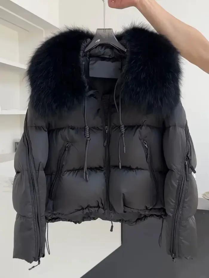 Doudoune Courte Femme de Luxe Haute Qualité avec Col en Fourrure