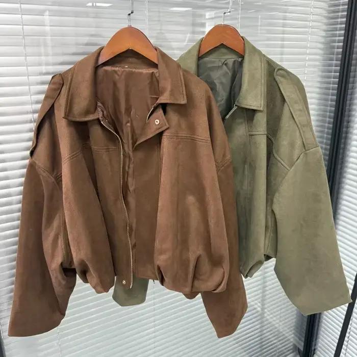 Veste bombardier femme revers fermeture éclair manches longues veste en daim femmes 2025 haute rue recadrée vestes de course manteaux vêtements d'extérieur