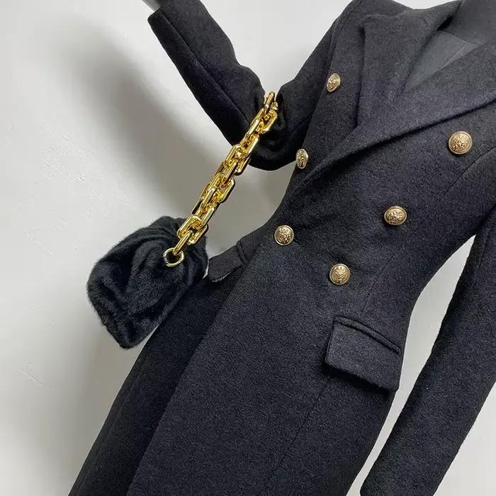Manteau Long en laine noir pour femme, veste en Tweed, haut de gamme, revers, Double boutonnage, élégant, ajusté, vêtements d'extérieur longs, automne hiver