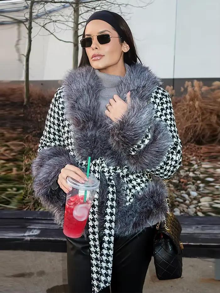Chaud fausse fourrure imprimé vestes courtes femmes mode à manches longues à lacets avec ceinture manteaux amples 2025