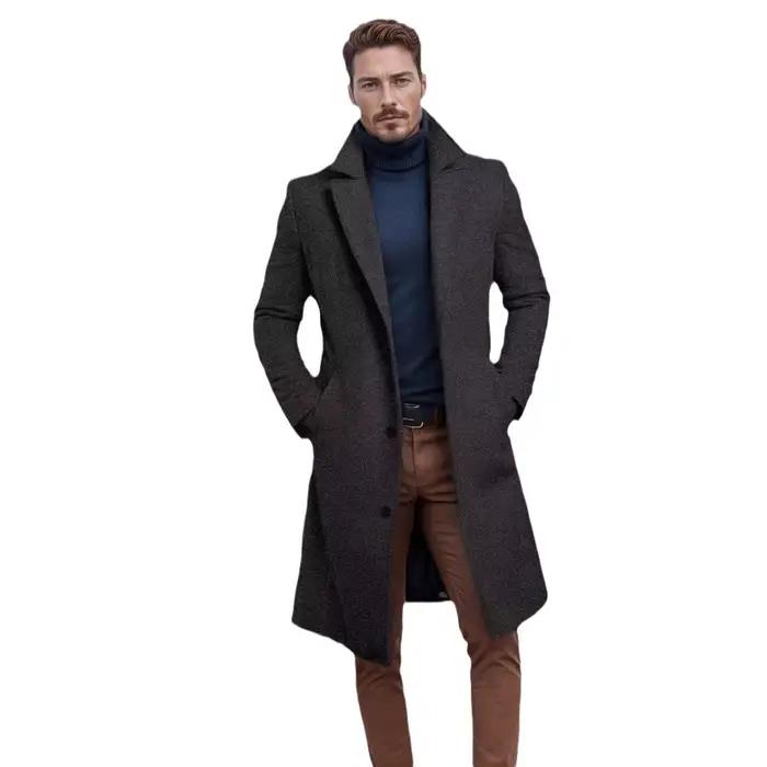 Manteau en laine mi-long style anglais élégant pour hommes automne hiver avec boutonnage simple et poches pratiques pour toutes occasions