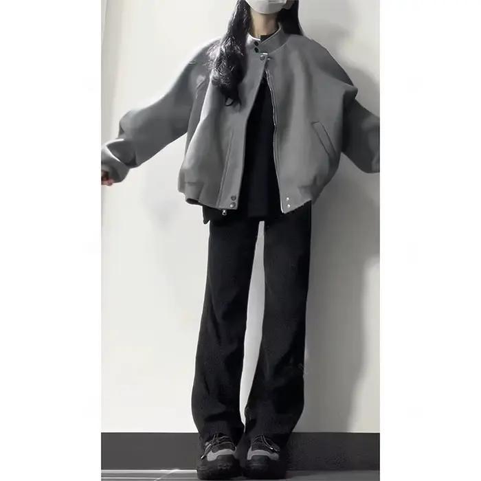 Veste Vintage grise haut de gamme en daim texturé avec col montant pour femmes, nouvelle veste bombardier polyvalente de printemps et d'automne