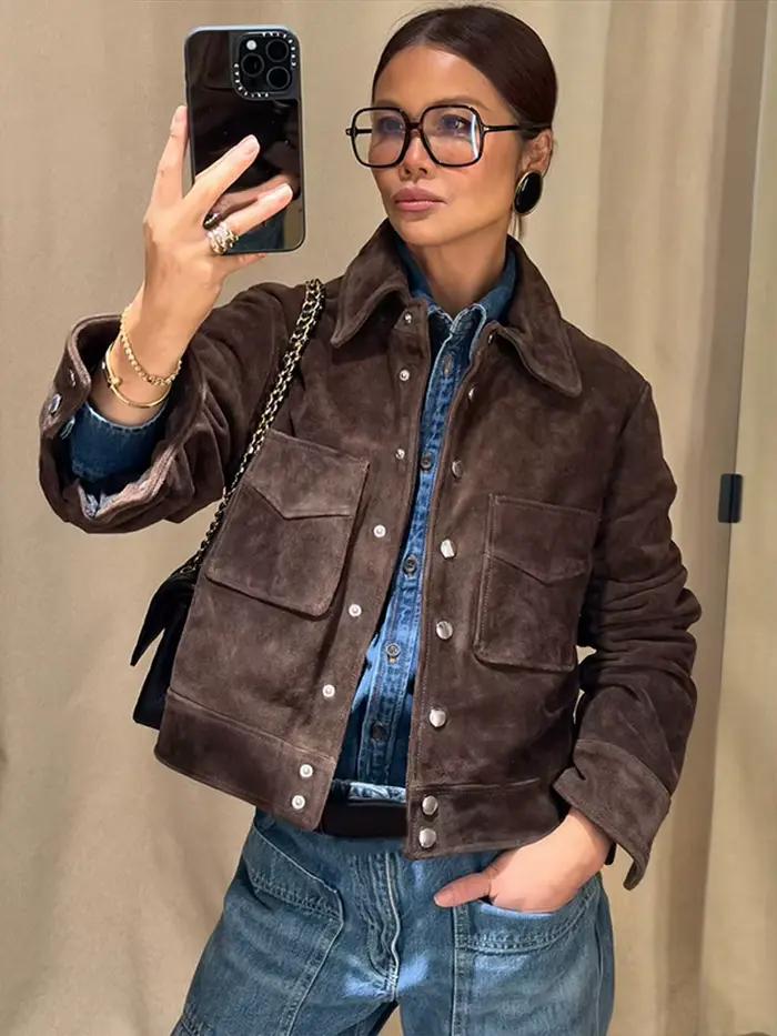 Vestes courtes en daim marron pour femmes