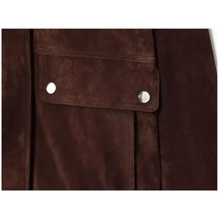 Femmes veste en cuir suédé avec poches automne mode col haut à manches longues bouton