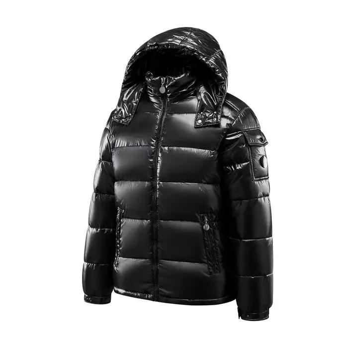 Veste rembourrée noire brillante pour hommes décontractée à capuche col rabattu polyester coton similaire à de la soie pour voyage et style hivernal