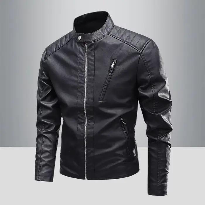 Veste en cuir synthétique pour hommes décontractée et tendance, coupe ajustée, style moderne, col rabattu, polyester doublure, fermeture éclair, pour les jours de pluie, balades en ville et motos, offerte pour les occasions spéciales