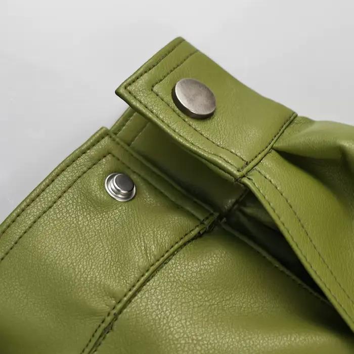 Veste en simili cuir pour femme, manteau à revers cranté, Style de rue, Vintage, vert Olive, rétro, urbain, automne-hiver 2025