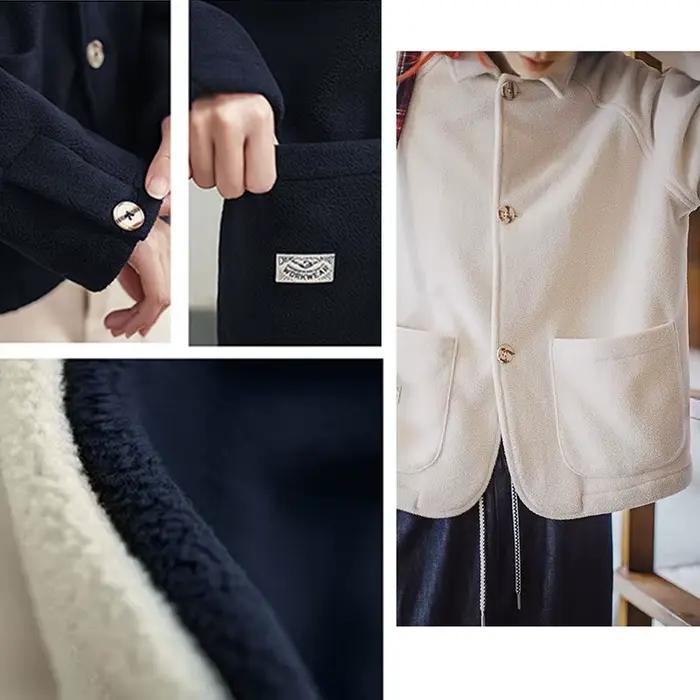 Maden femmes polaire revers veste chaude 290gsm simple boutonnage couleur unie décontracté hauts manteau pour automne hiver vêtements d'extérieur