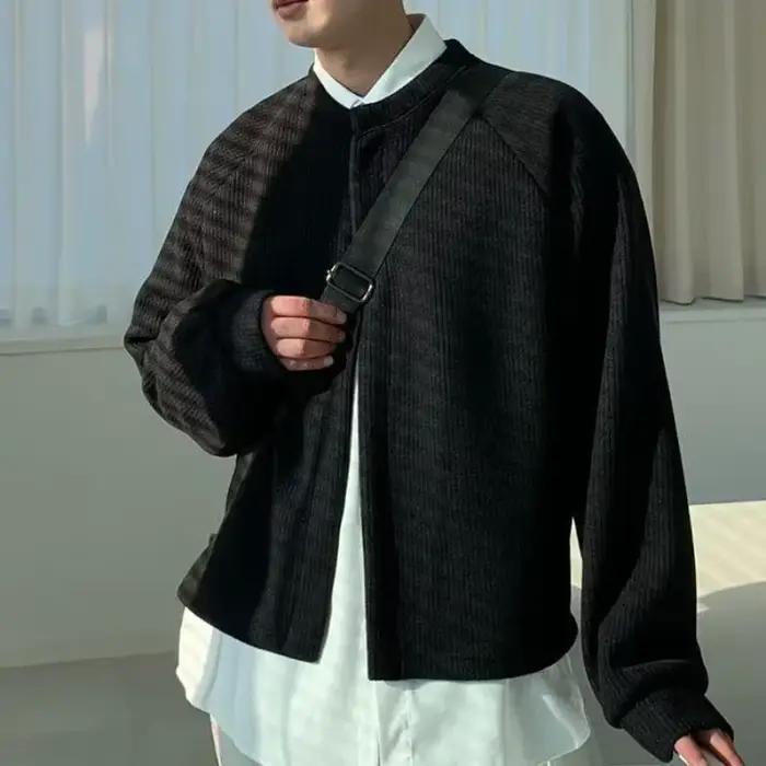 Pullover-Cardigan Court à Col Rond pour Homme, Vêtement Ras du Cou, Couleur Unie, Couleur Unie