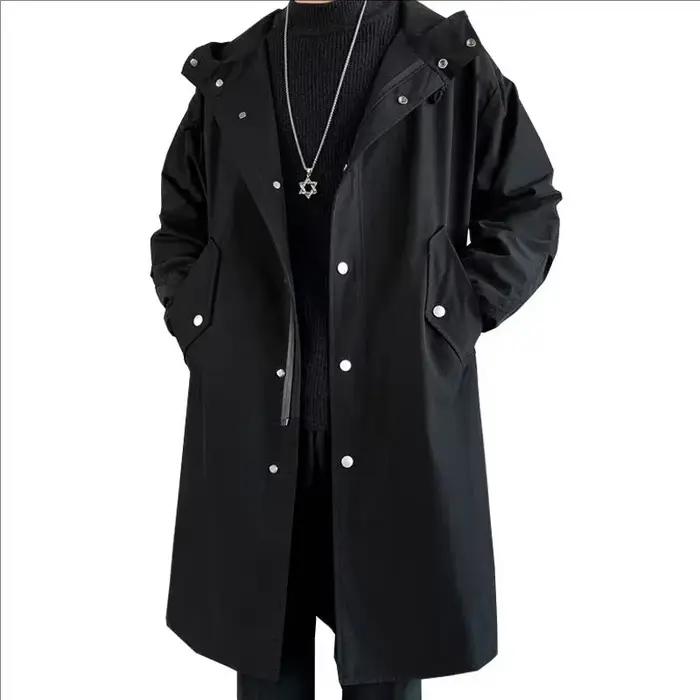 Trench-Coat Long Noir Hommes Coupe-Vent Surdimensionnée Mode Décontractée Imperméable Nouvelle Collection 2026 Streetwear Coréen Occasions Quotidiennes Polyvalente Confortable Sécurisée