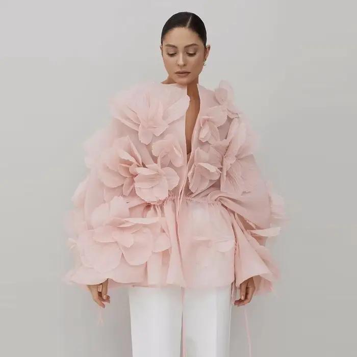 Chic rose longue veste florale drapée femmes Blouse Organza fleurs nouvelle mode chemise manches longues vestes femmes sur mesure