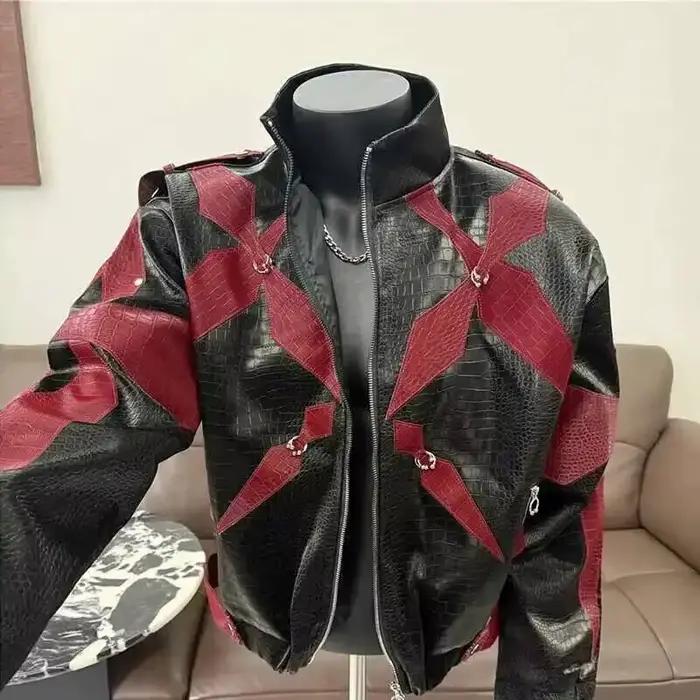PFHQ hommes veste en cuir PU 2025 fermeture éclair col montant contraste couleur corée mode Darkwear mâle hauts décontracté 21E2807