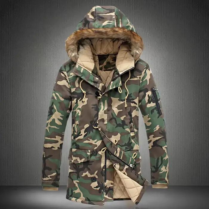 Vestes Parkas en duvet de Camouflage pour hommes, manteau à capuche, col en fourrure, parka d'hiver, pardessus militaire, 2024