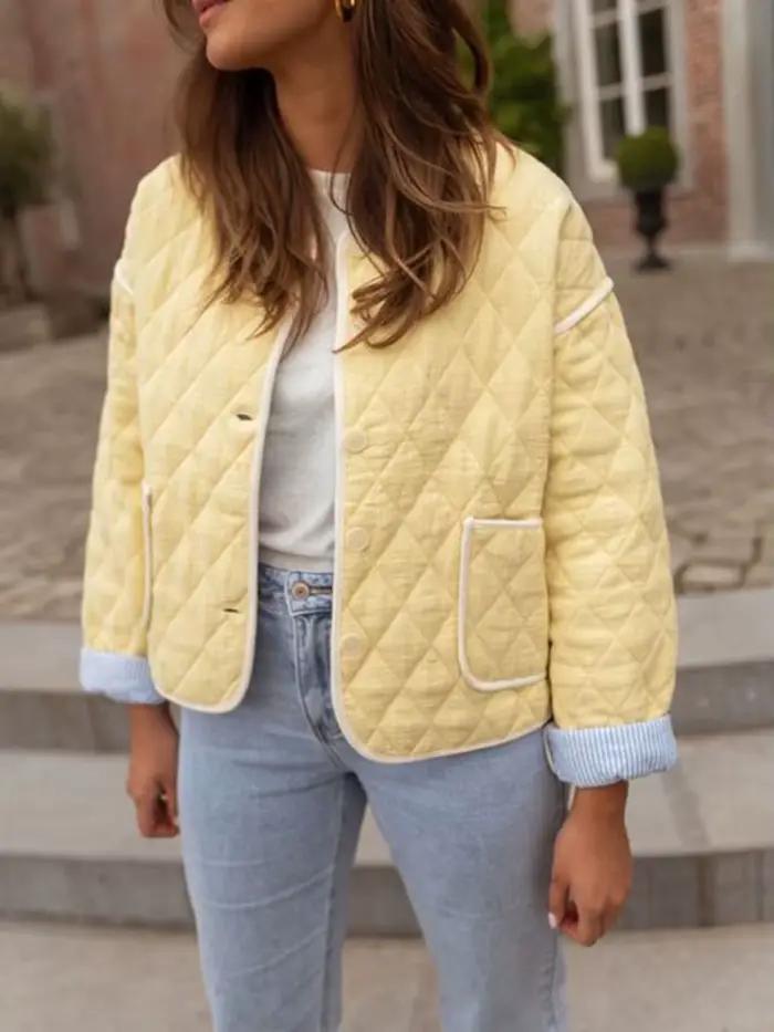 Veste en coton matelassé jaune pour femme, col rond, poches, manches longues, vêtements d'extérieur, décontracté, Simple, à la mode, automne