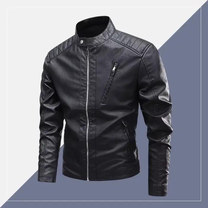 Veste en cuir synthétique pour hommes décontractée et tendance, coupe ajustée, style moderne, col rabattu, polyester doublure, fermeture éclair, pour les jours de pluie, balades en ville et motos, offerte pour les occasions spéciales